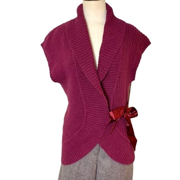 𝅺jackpot Knit Sweater Vest Wrap Berry Red Cotton Alpaca Blend Satin Belt Sz XS - Picture 1 of 11